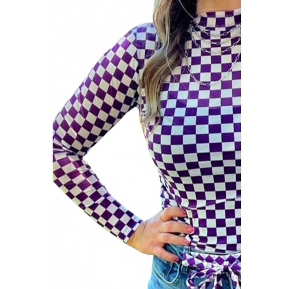 NEW STERLING KREEK checkered long sleeve top in purple/white - Picture 3 of 3